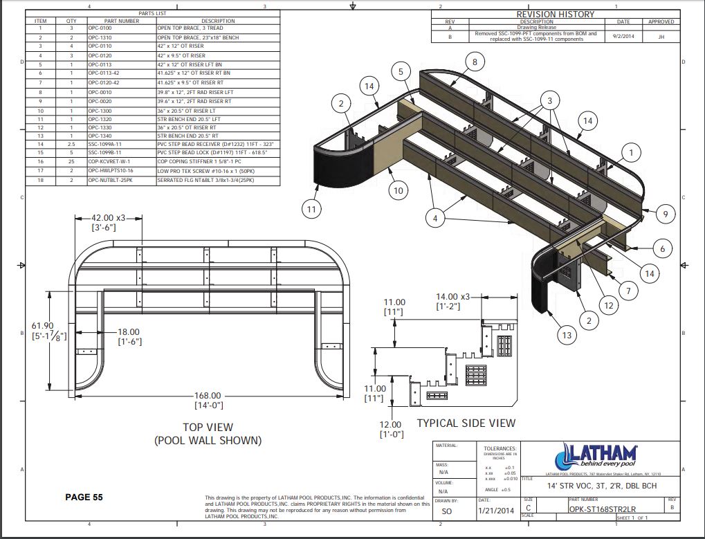 14' Straight Step Polymer 2'R 3-Tread w/ Double Bench